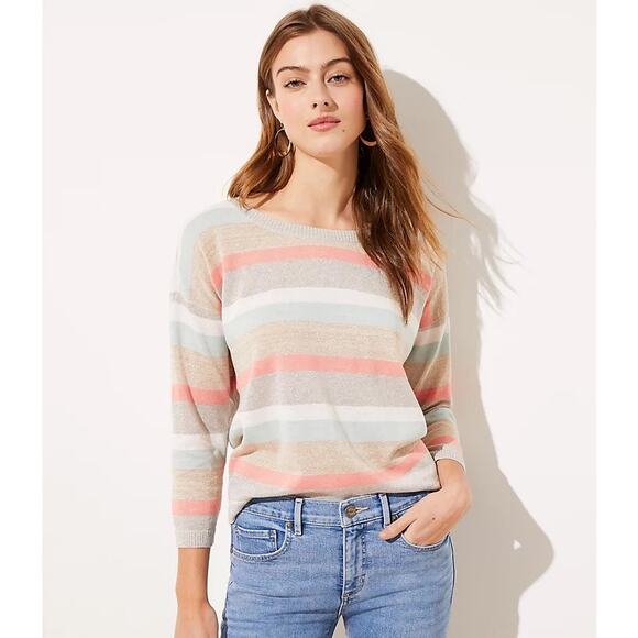 LOFT Shimmer Striped 3/4 Sleeve Sweater Size Small Lightweight Relaxed Fit Linen - Picture 1 of 16